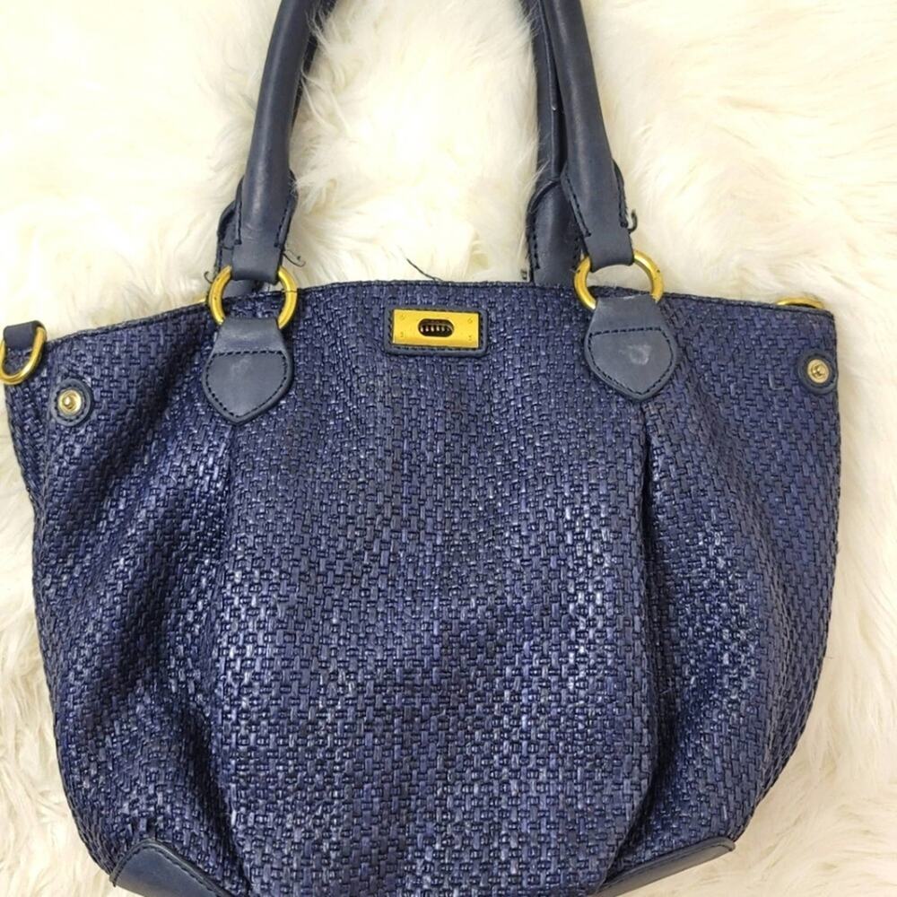 J. CREW Navy Blue Brompton Woven Straw Leather Trim Satchel Handbag Quiet Luxury - Picture 4 of 14